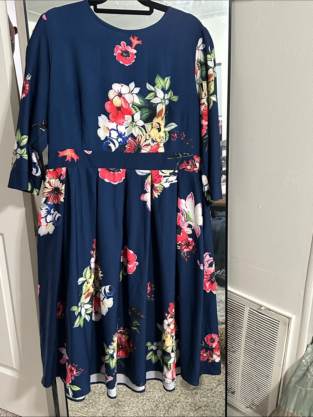 Navy Floral Fit-and-Flare Dress with Pink & White Blooms